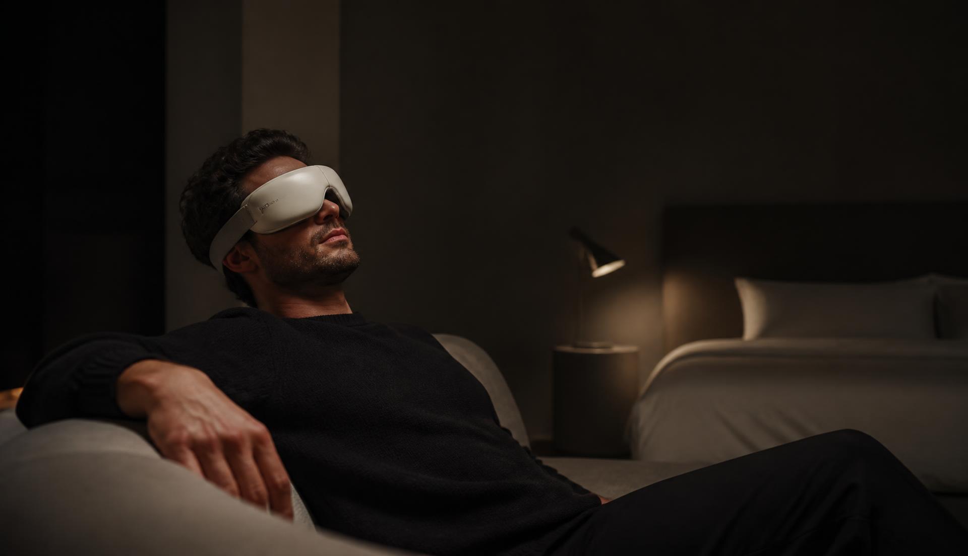 Hombre usando EyeRevive en un dormitorio en penumbra