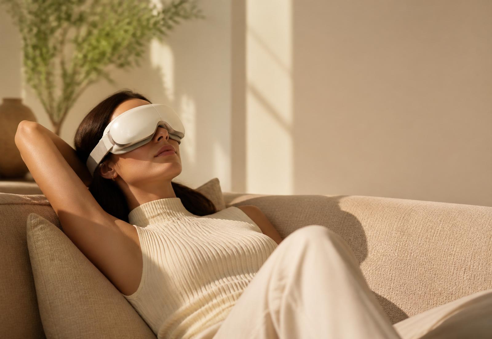 Mujer descansando con el dispositivo EyeRevive en un salón luminoso